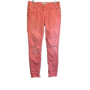 Coral Pink Distressed Denim Jeans Ripped Knee Skinny‎ Casual Everyday size 10